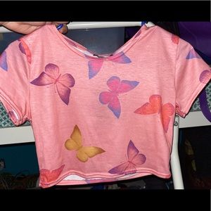 Pink Butterfly Crop Top Shirt